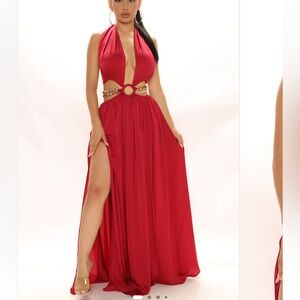 Fashion Nova Red Halter Cutout Maxi Dress with Chain Ring Detail